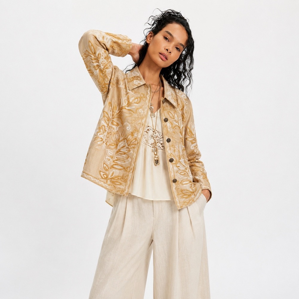 Sandy Starkman Boho Embroidered Silk Jacket Womens Size S Gold Soutache Artsy